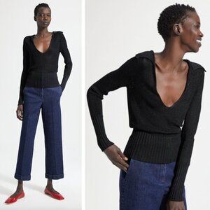 Theory Back Collar Roving Viscose Cropped Sweater Black Knit Beach Casual